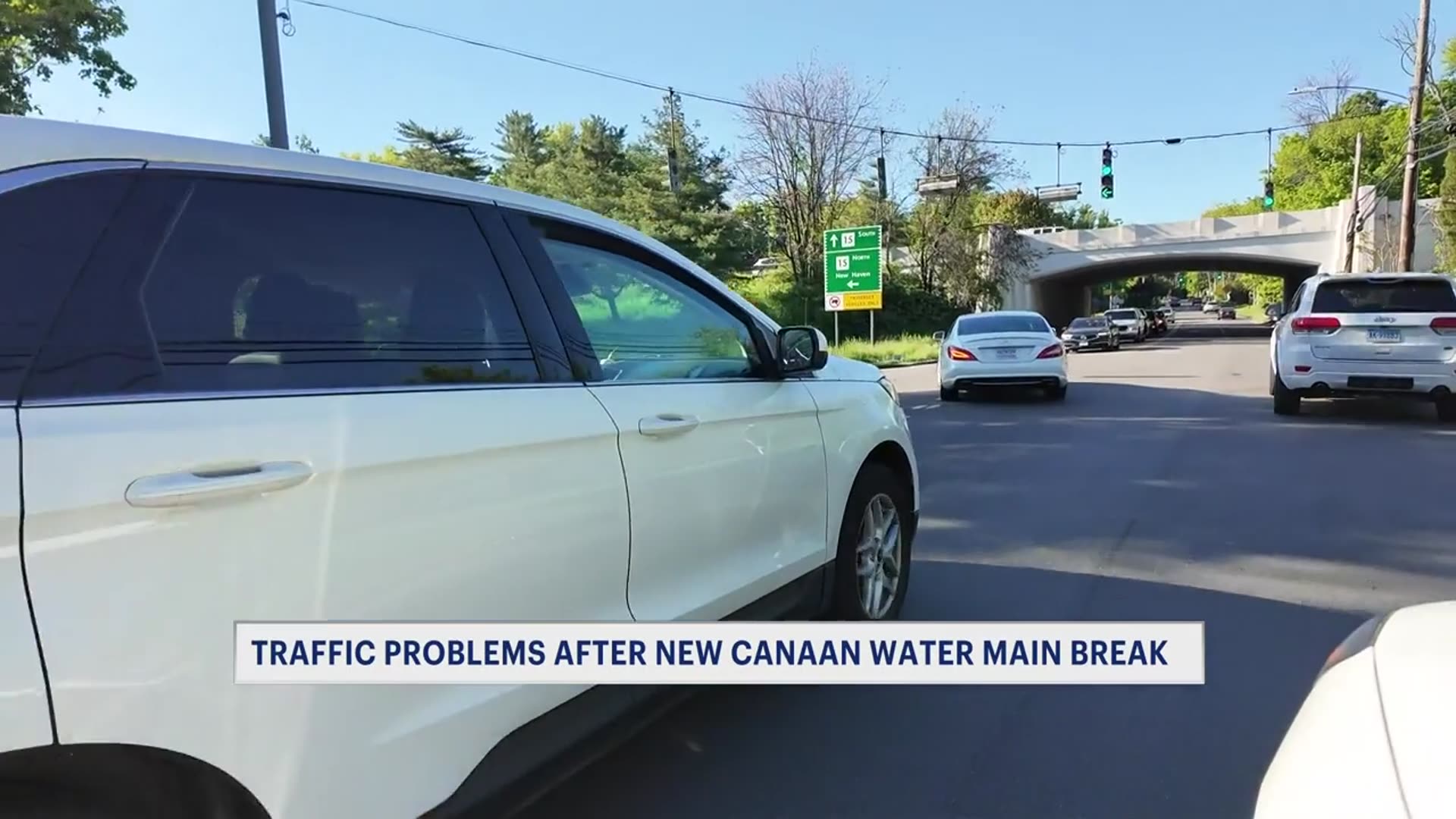 Video thumbnail for 'Pain in the morning.' Water main break shuts down section of busy road by Merritt Parkway in New Canaan