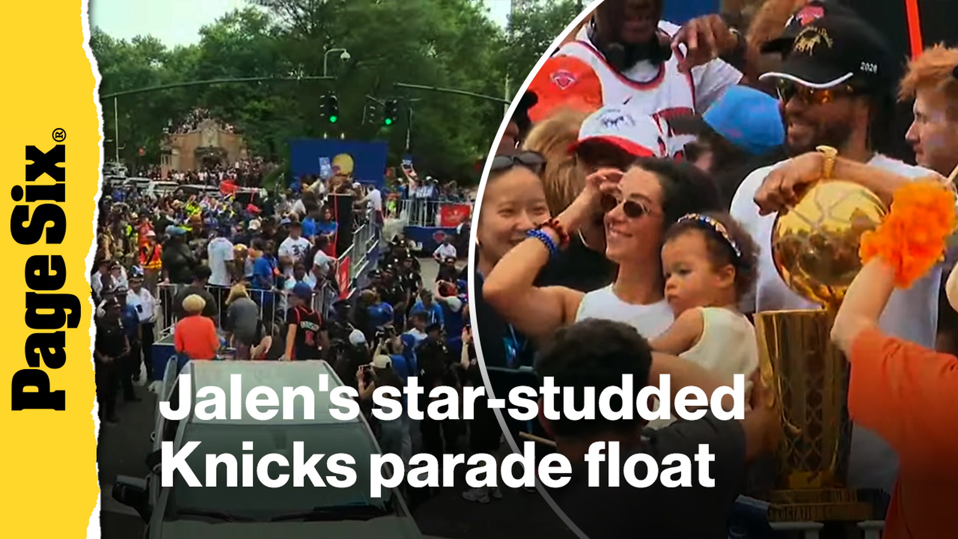 Video thumbnail for Jalen Brunson celebrates Knicks championship win with Mariska Hargitay and Tracy Morgan on his parade float