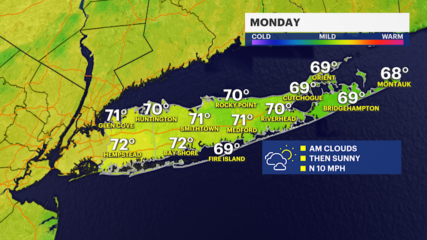 Video thumbnail for Rainy conditions improve overnight with sunshine to open the week across Long Island
