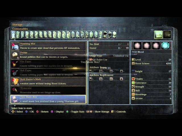 Video thumbnail for Bloodborne - Hunter's Dream: Storage Area: Store Weapons, Armor, Items, Gems, Runes, Firearms