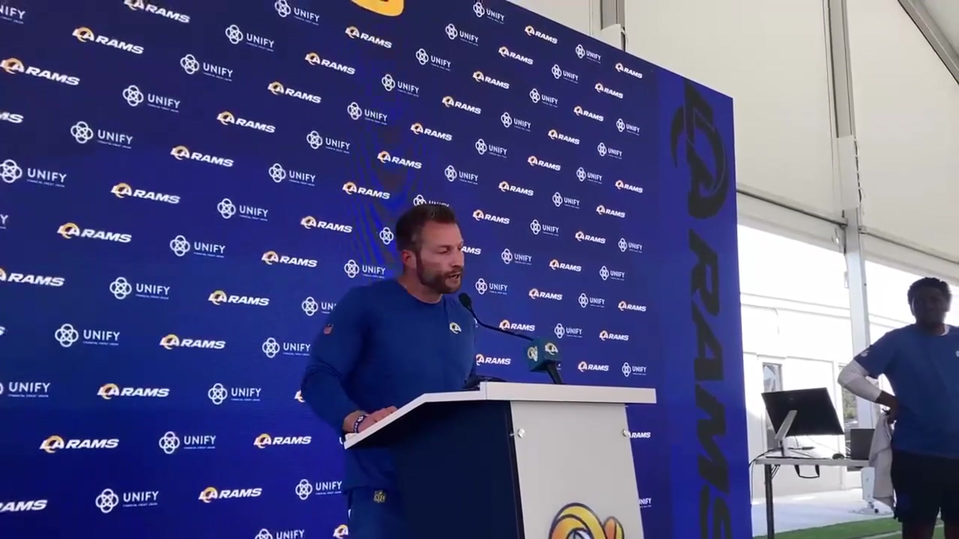 'Video thumbnail for Los Angeles Rams HC Sean McVay on Warren McClendon, Bumps & Bruises, DJ Humphries'