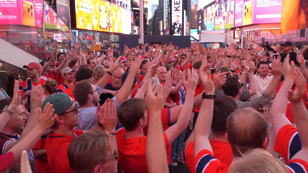 Video thumbnail for US: Norwegian fans bring 'Viking rowing' celebration to Times Square ahead of Senegal clash.