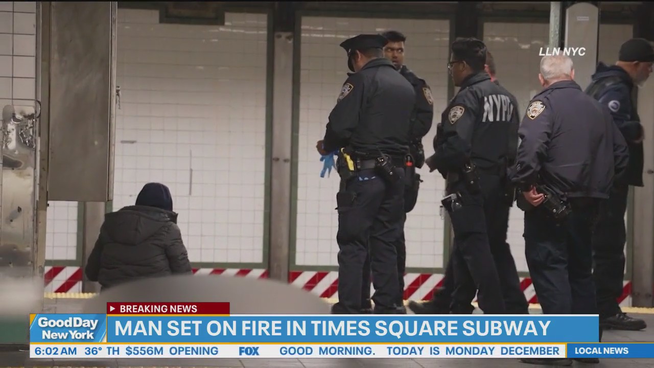 Video thumbnail for NYPD: Man set on fire on platform in Times Square station