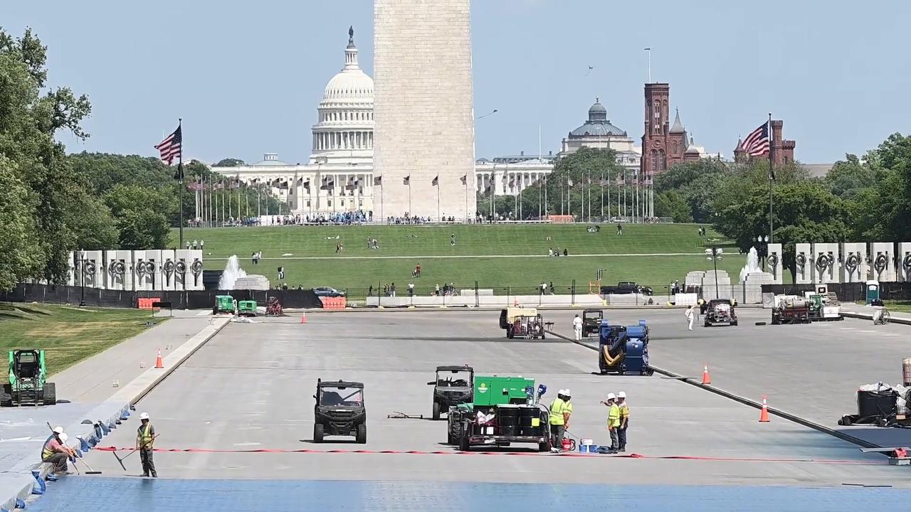 Video thumbnail for US: Resurfacing work continues at Lincoln Memorial Reflecting Pool's basin.