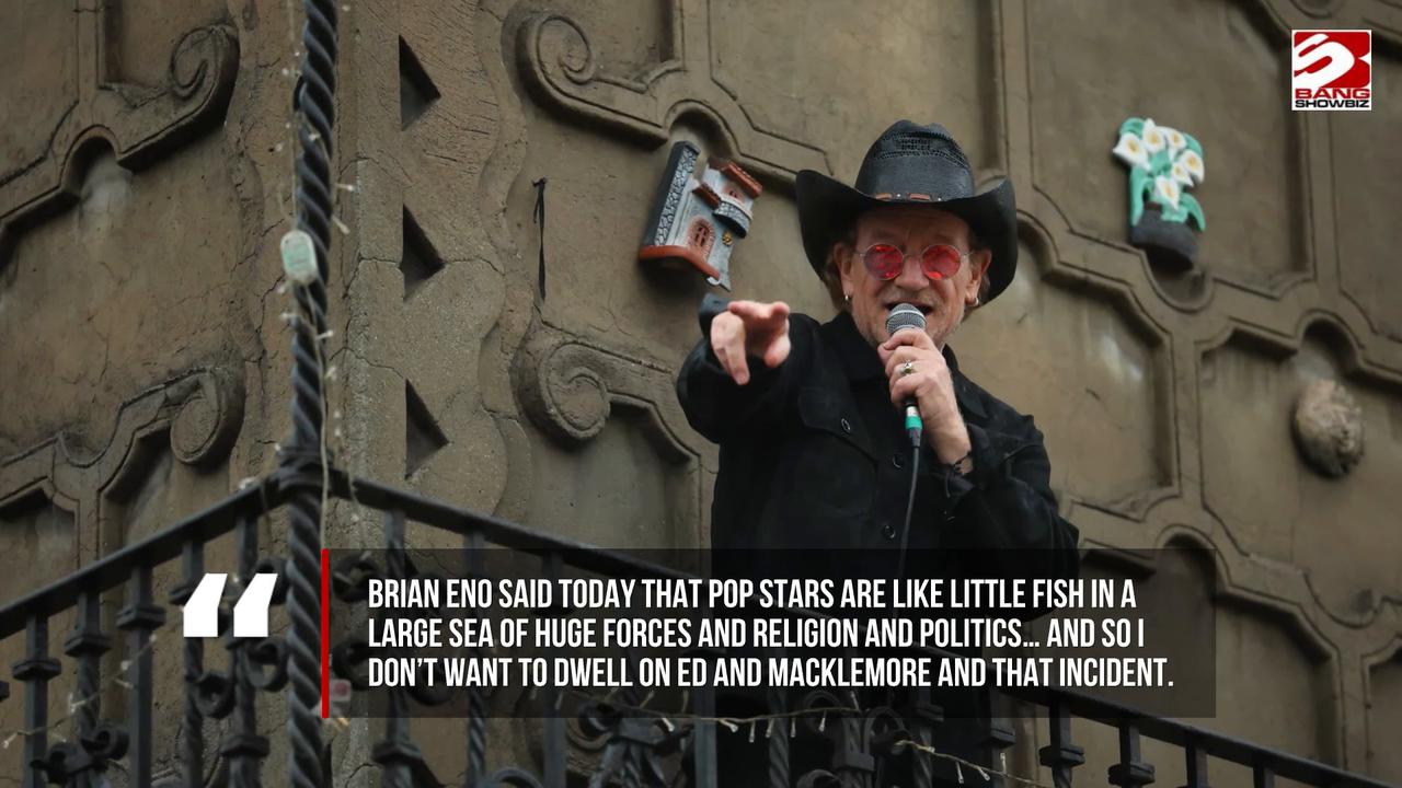 Video thumbnail for Bono says Ed Sheeran told him he wanted to avoid political statements when they collaborated on Yours Eternally