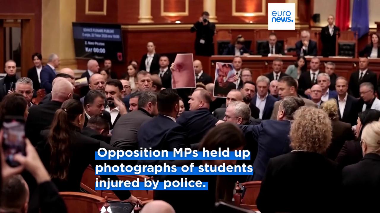 Video thumbnail for Albanian opposition and ruling party lawmakers scuffle in parliament over student protest tensions