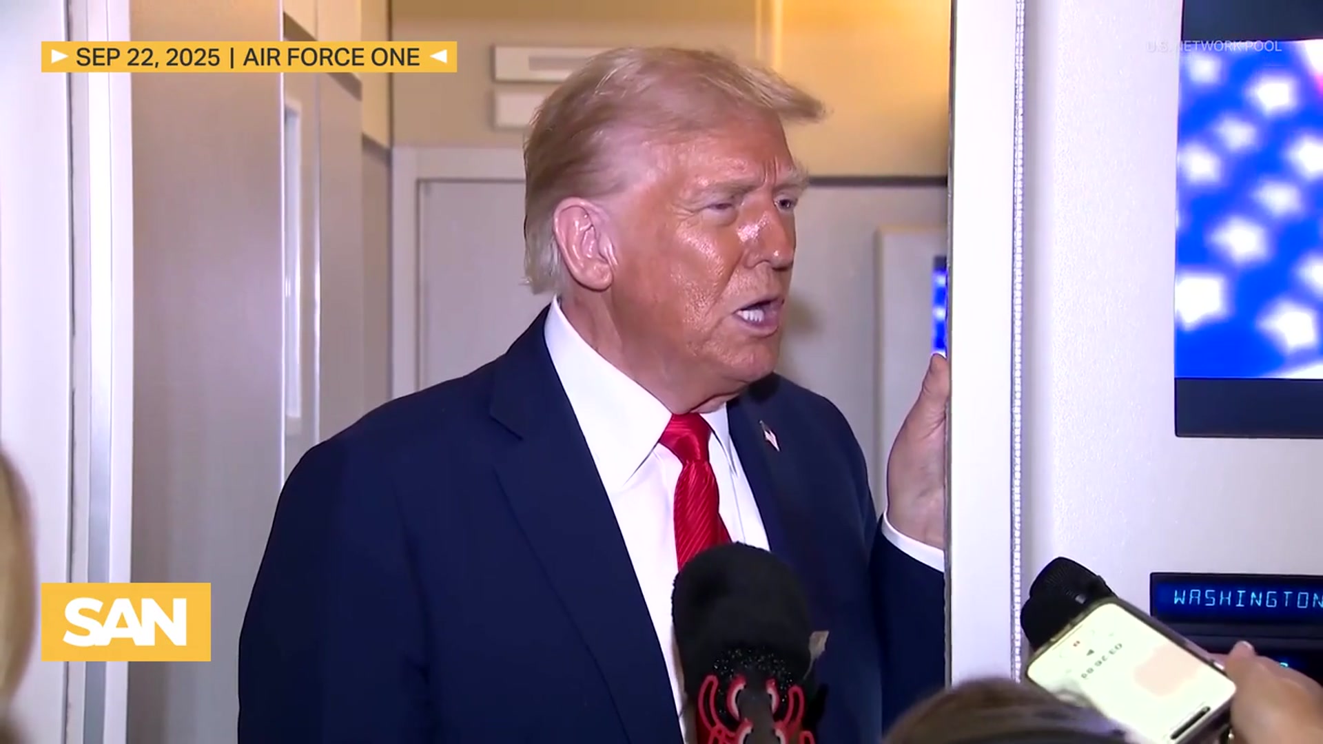 'Video thumbnail for Trump downplays interaction with Musk at Charlie Kirk memorial'