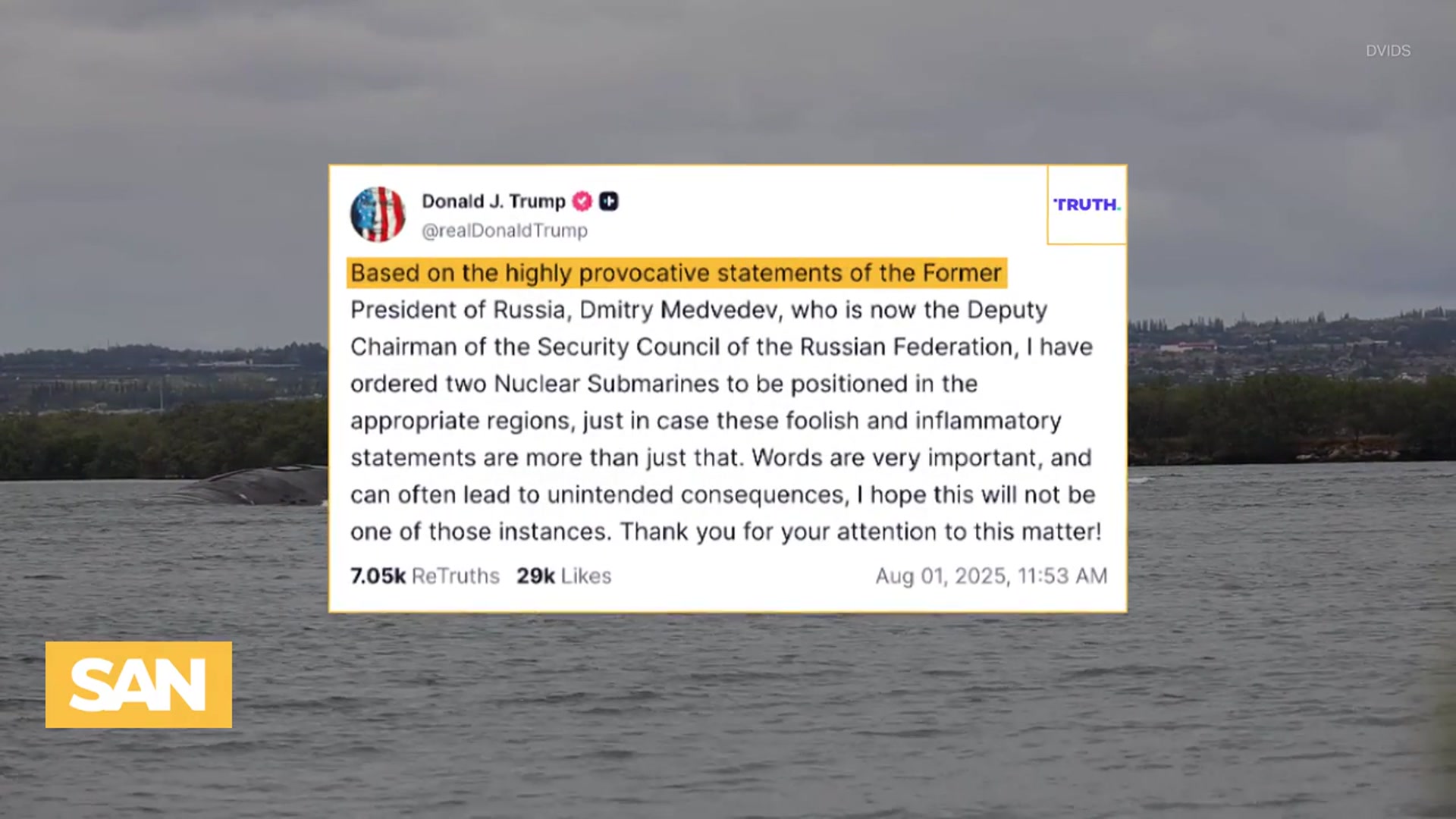 'Video thumbnail for ‘Provocative statements’ from Russia prompt Trump to deploy nuclear subs'