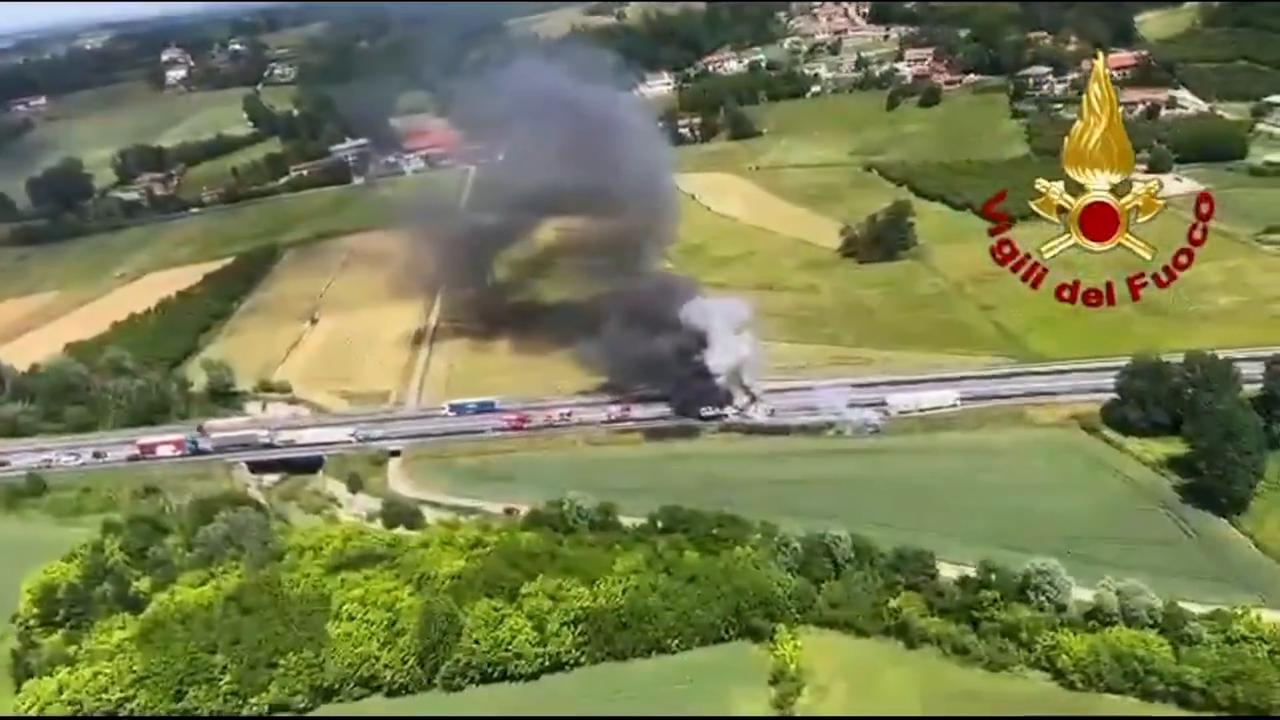 Video thumbnail for Italy: 1 killed in fiery highway crash involving 2 trucks in northern Italy.