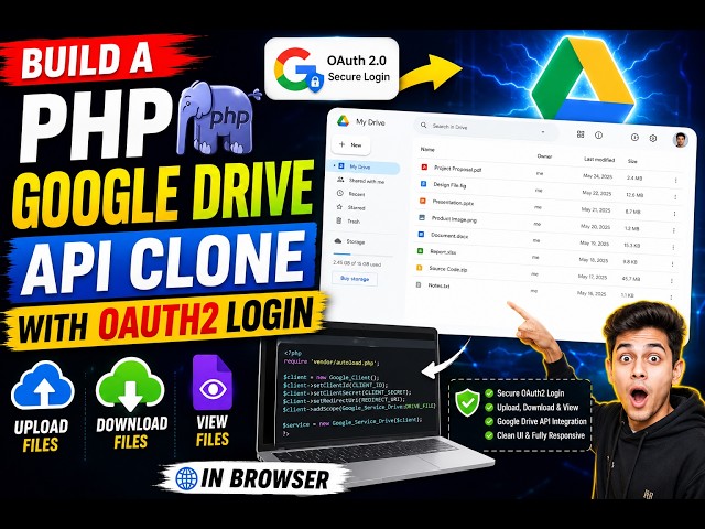 Video thumbnail for Build a PHP Google Drive API Clone With OAuth2 Login to Upload,Download & View Files in Browser