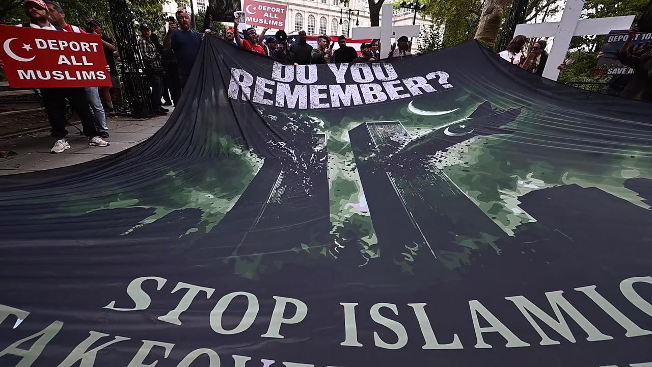 Video thumbnail for NY: Anti-Muslim Protest Outside City Hall on 25th Anniversary of September 11 Attacks.