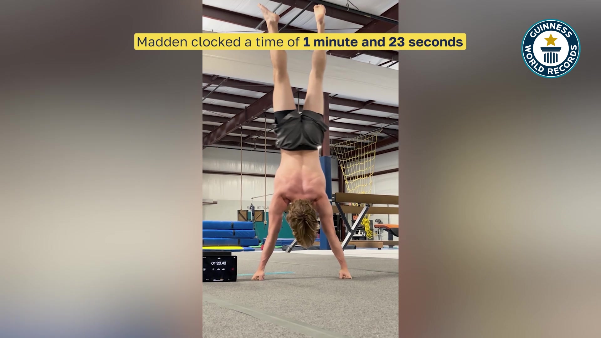 Video thumbnail for Longest duration to perform a handstand on the knuckles (male) - 1 minute and 23 seconds by Madden Shelley