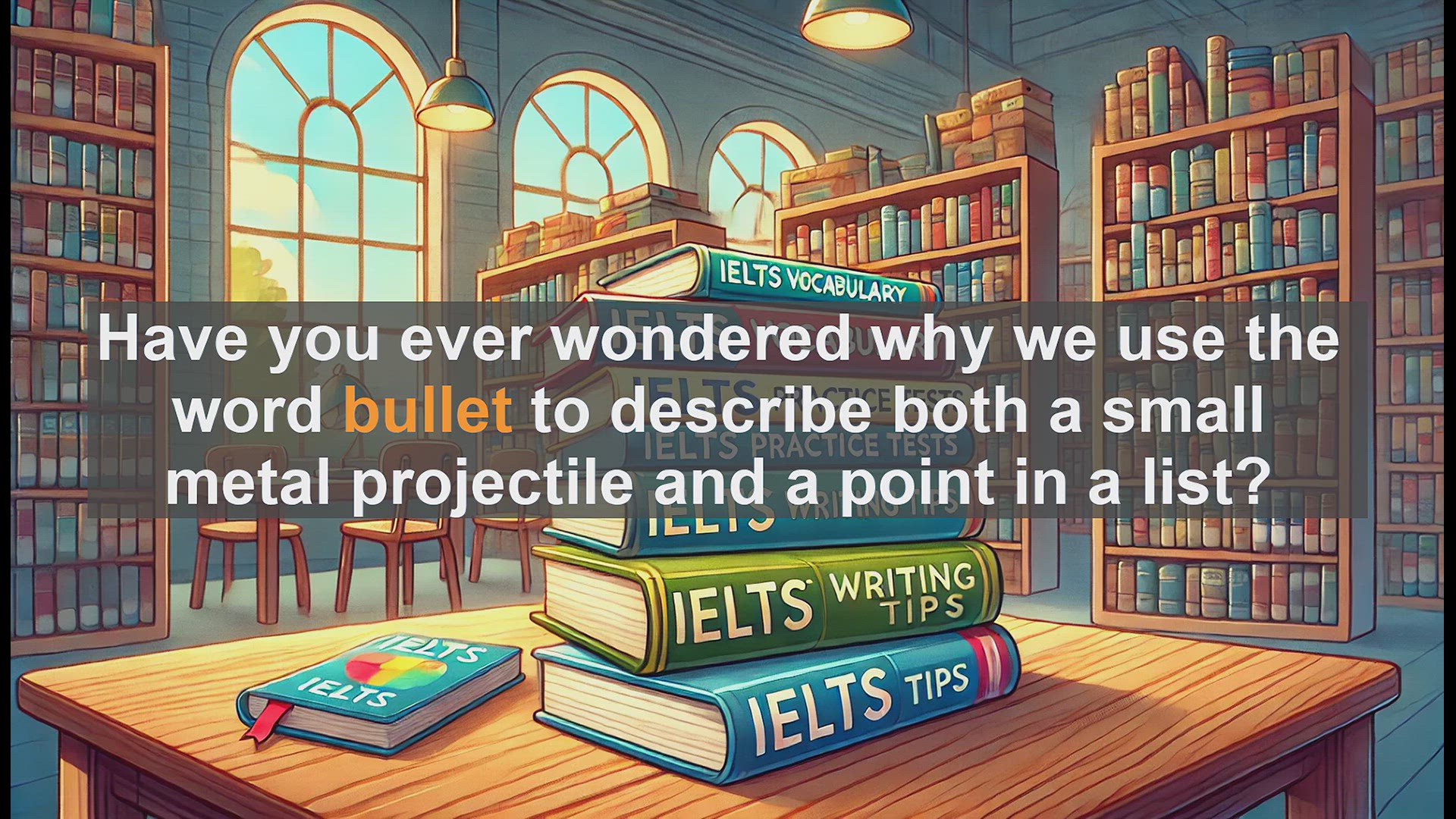 'Video thumbnail for 2500 Must Know IELTS 6.5 Vocabulary - The Dual Meanings of 'Bullet': From Projectiles to Lists'