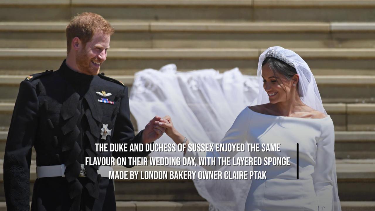 Video thumbnail for Prince Harry and Meghan, Duchess of Sussex recreate wedding cake for anniversary.