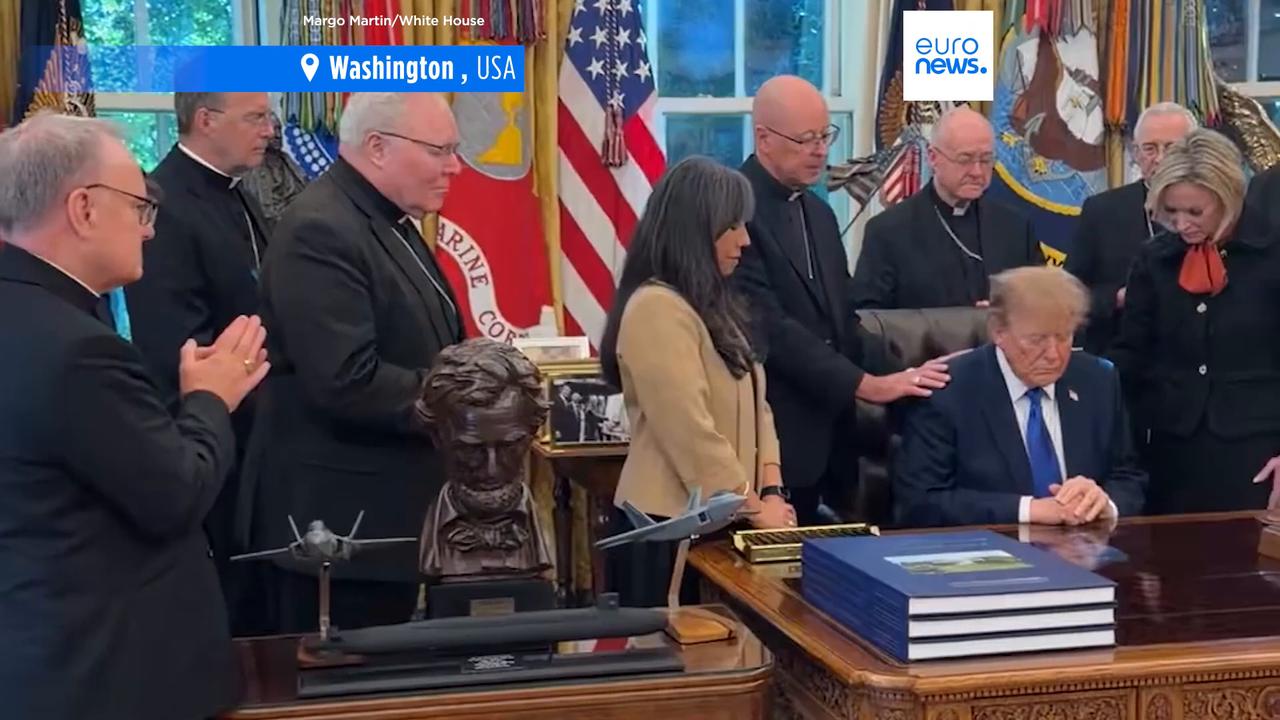 Video thumbnail for Watch: Catholic bishops pray over Trump in the Oval Office