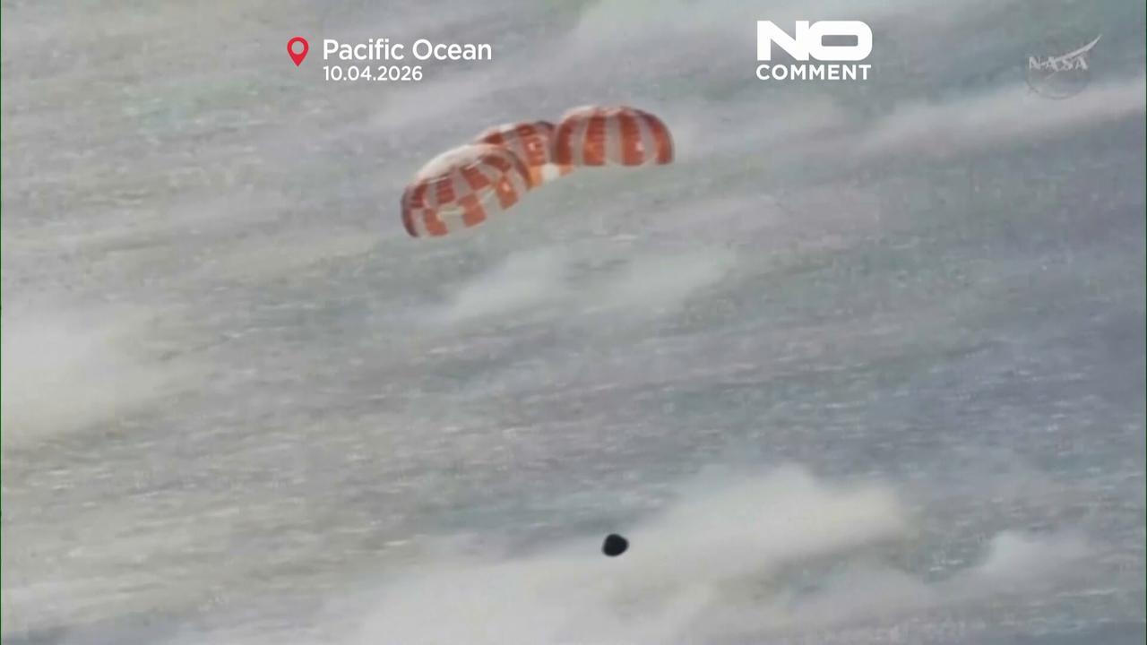 Video thumbnail for Moment Artemis II capsule splashes down in Pacific
