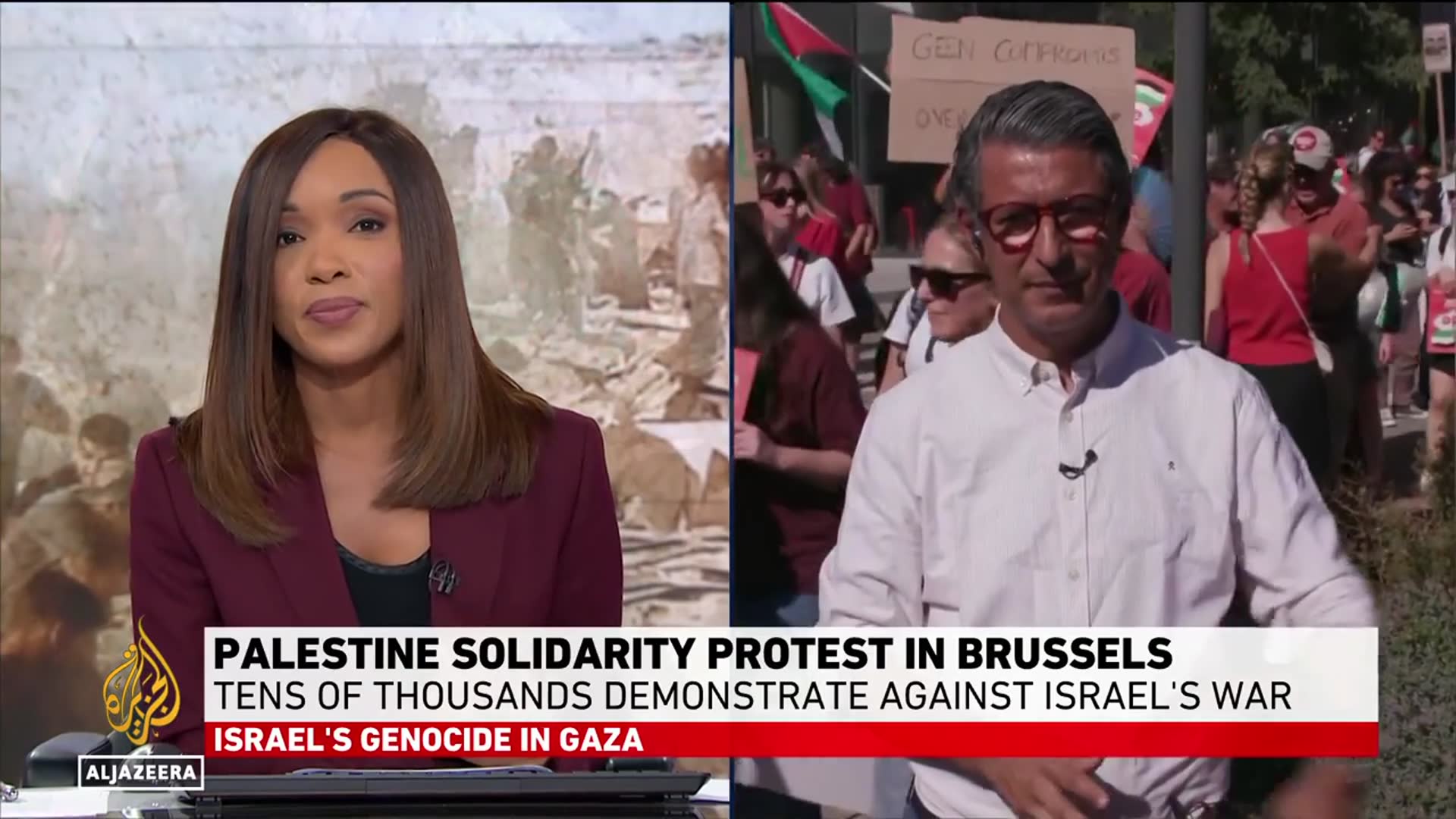 'Video thumbnail for Tens of thousands protest in Brussels, demanding end to Israel's genocide on Gaza'