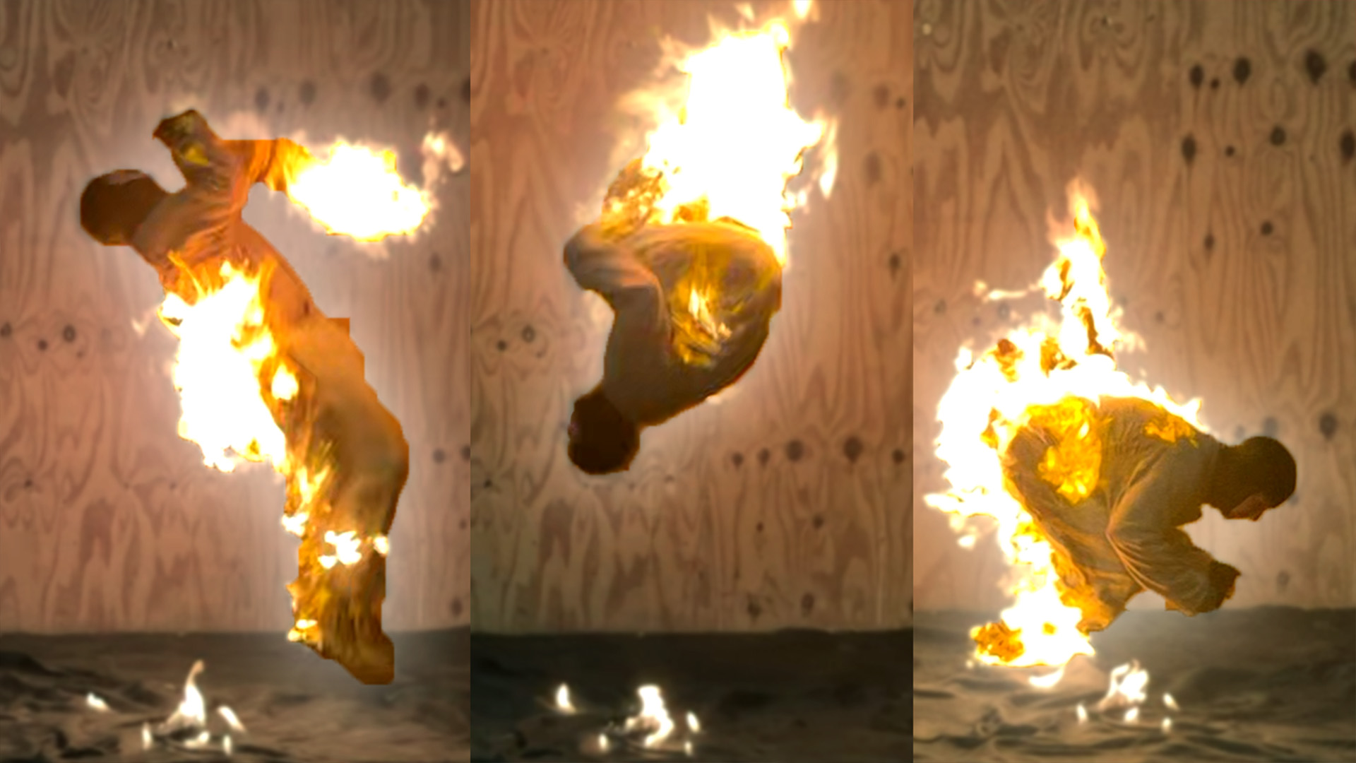 'Video thumbnail for Stuntman performs backflips whilst in a full body burn'