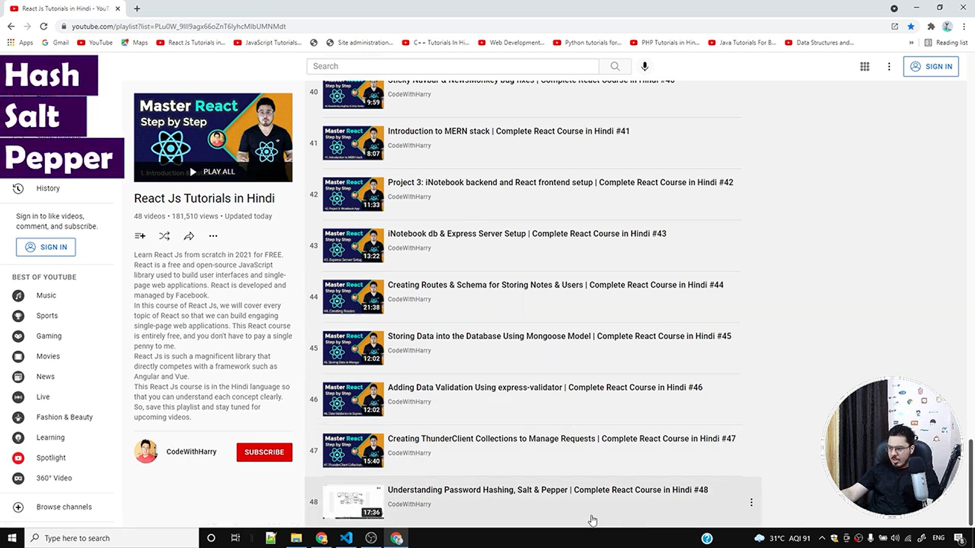 'Video thumbnail for Hashing Passwords using bcryptjs in NodeJs _ Complete React Course in Hindi #49'
