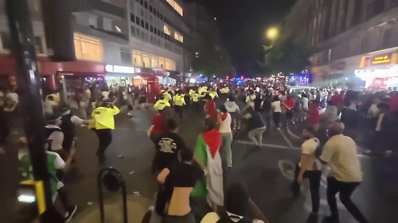 Video thumbnail for UK: Moroccan fans rioted in London after their team lost to France.