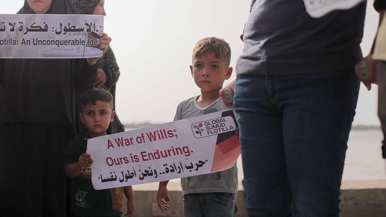 Video thumbnail for Palestinians gather at Gaza port to support Global Sumud Flotilla.