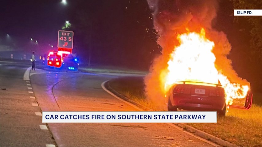 Video thumbnail for Car bursts into flames on Southern State Parkway in Islip