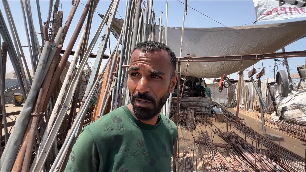 Video thumbnail for Palestinians recycle steel from bombed homes for shelters in Gaza.