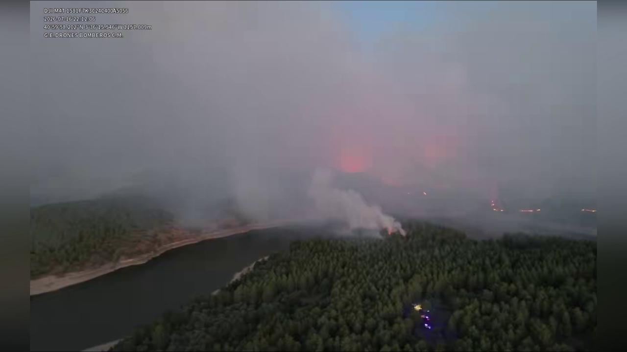 Video thumbnail for Spain: Drone Footage Captures Massive Lozoyuela Wildfire Spreading Across Spain.