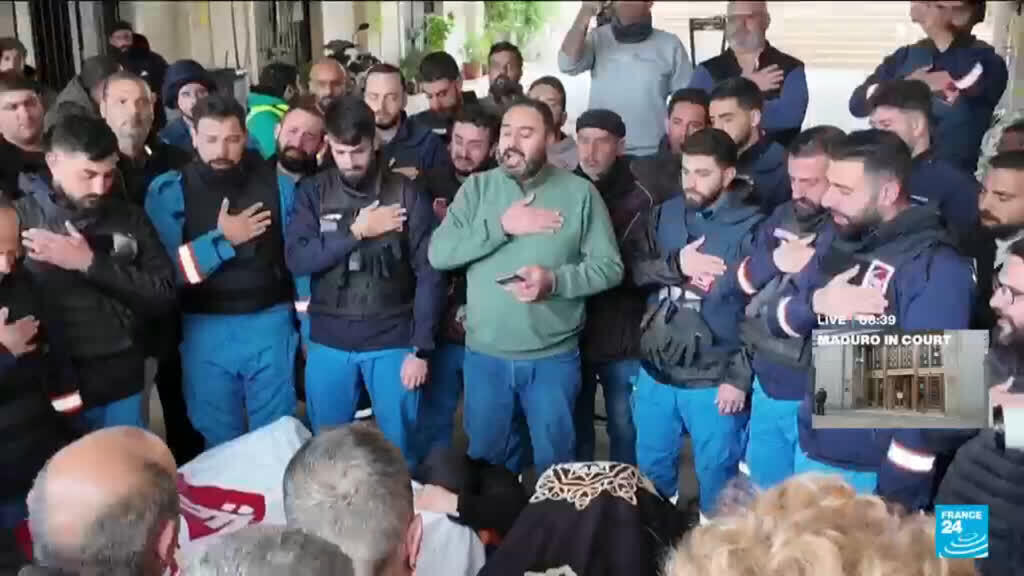 Video thumbnail for In Lebanon, paramedics mourn their own killed in Israeli strike