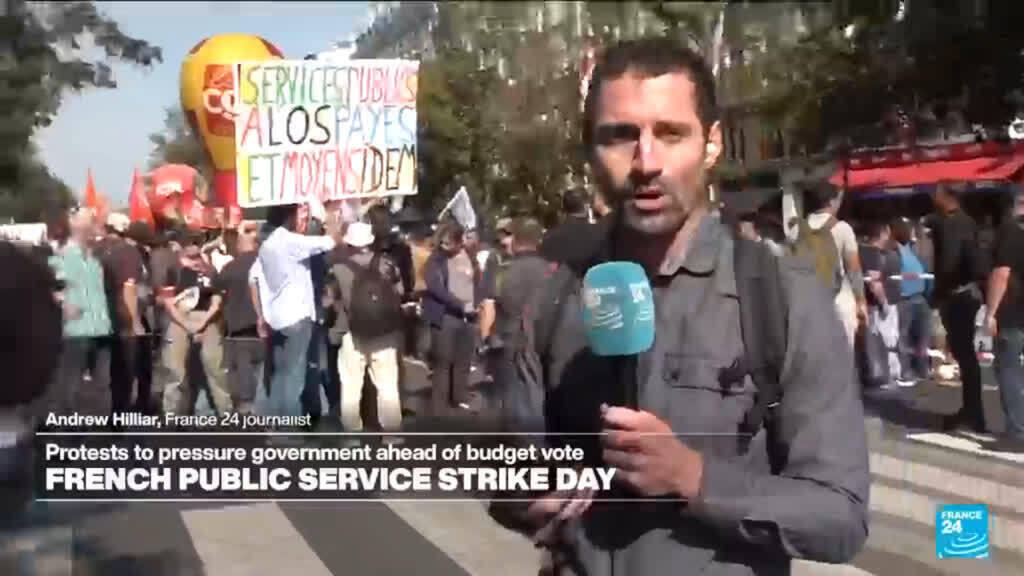 Video thumbnail for French public service strike day puts pressure on govt ahead of budget vote