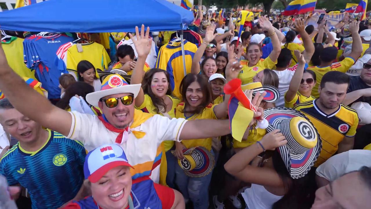 Video thumbnail for US: Colombia fans gather outside team hotel ahead of Portugal World Cup match in Miami.
