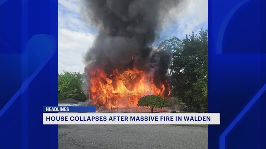 Video thumbnail for Massive house fire collapses roof in Orange County, 4 firefighters injured