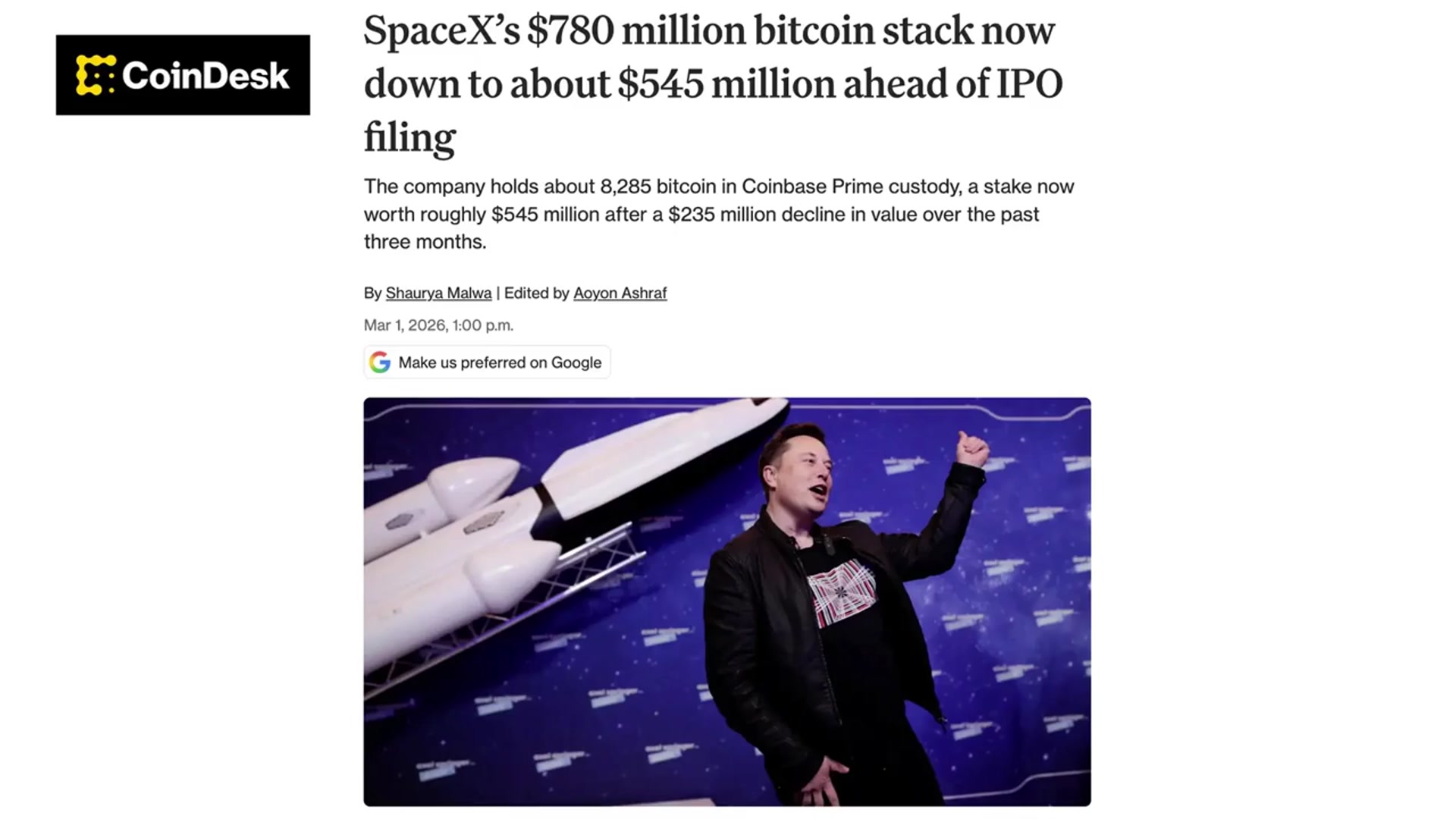 Video thumbnail for SpaceX IPO filing to reveal $545M bitcoin stash