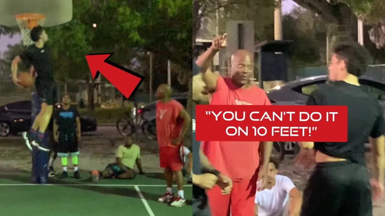 Video thumbnail for Trash Talker Said I Couldn't Do The Dunk On 10 Feet.. Proved Him WRONG!!