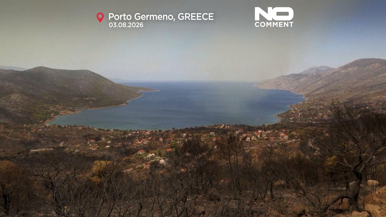 Video thumbnail for Burned homes, blackened cars: Greek wildfires leave trail of destruction in Porto Germeno