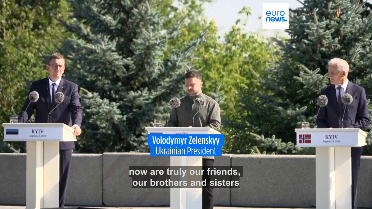 Video thumbnail for Western leaders arrive in Kyiv as Ukrainian forces set sights on Russia's Ozon