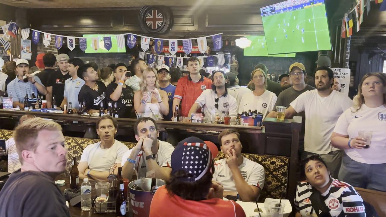 Video thumbnail for US: Fans Of England's World Cup Watching Game Croatia vs England at the bar in Dallas, Texas 6.