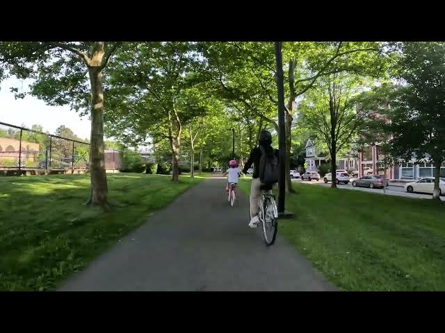 'Video thumbnail for 👧🏽🚴🏽‍♀️🚴A Relaxing and Safe Family Bike Ride on Public Path in Boston, Massachusetts'