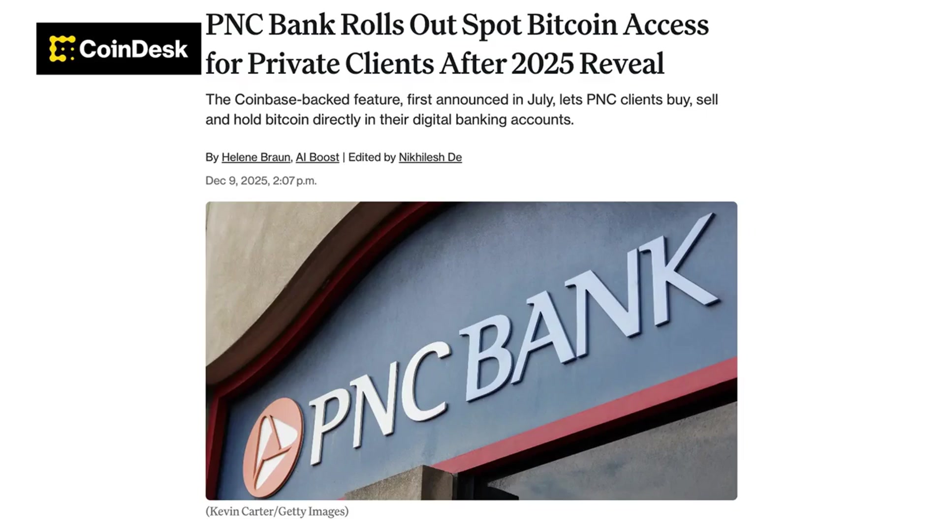PNC Bank Offers Direct Bitcoin Trading to Private Banking Clients