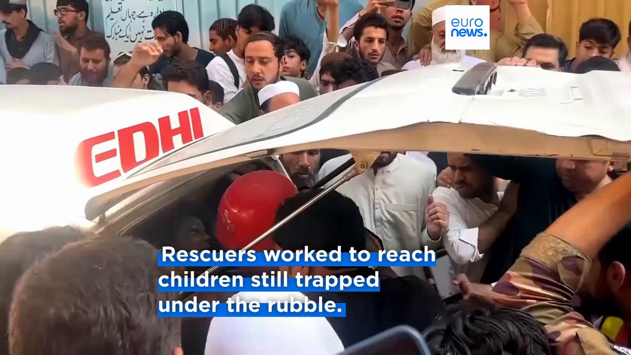 Video thumbnail for School roof collapse kills teacher and at least 28 children in northwest Pakistan