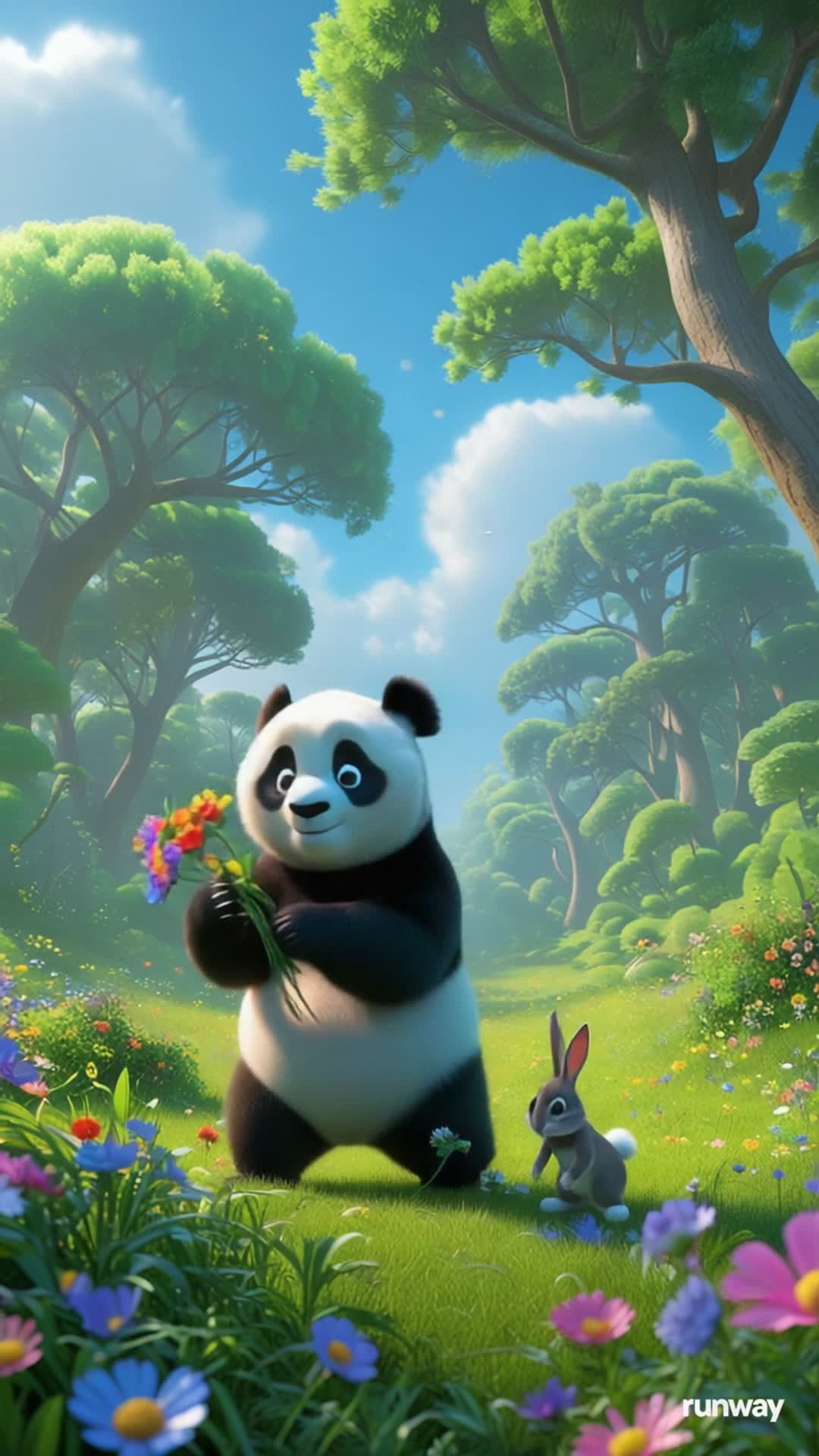 Video thumbnail for Gen-4 Turbo Mi-Mi the Panda is happily picking flowers in a sunny meadow while Rabbit joyfully hops nearby 252716034