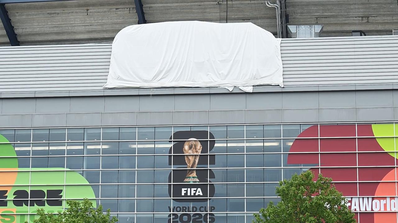 Video thumbnail for US: Gillette Stadium logo covered ahead of England-Ghana World Cup match under FIFA rules.