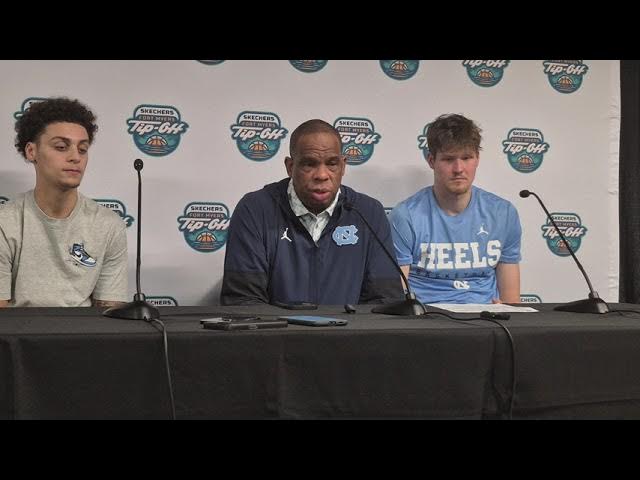 Video thumbnail for UNC guard Kyan Evans, Coach Hubert Davis and center Henri Veesaar after a win over Bonnies #UNC
