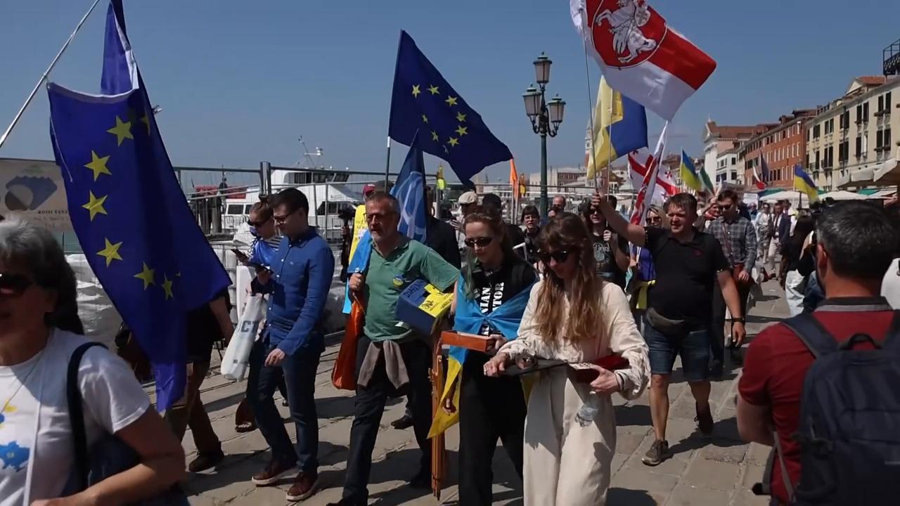 Video thumbnail for Italy: Venice Biennale opens amid political tensions and protests.