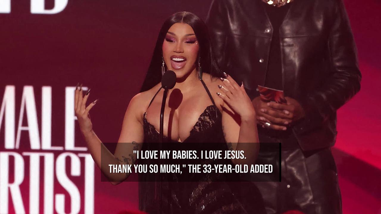 Video thumbnail for NEWS OF THE WEEK: Cardi B reflects on overcoming 'fear and anxiety' to release album during BET Awards speech.