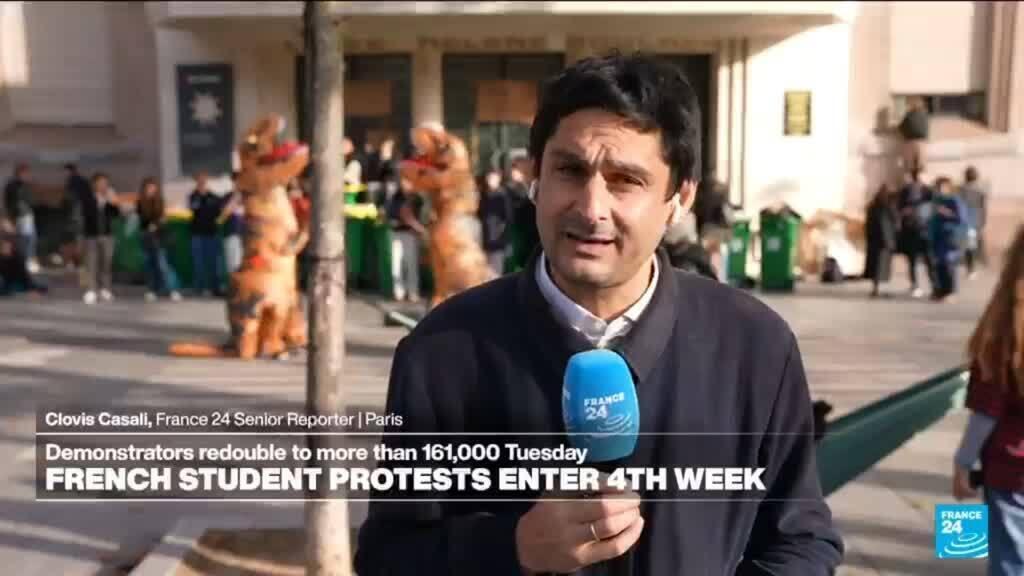Video thumbnail for French protests enter 4th week: Demonstrations backing students gather strength