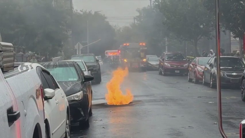 Video thumbnail for Flames shoot from grate during manhole blaze in Brighton Beach