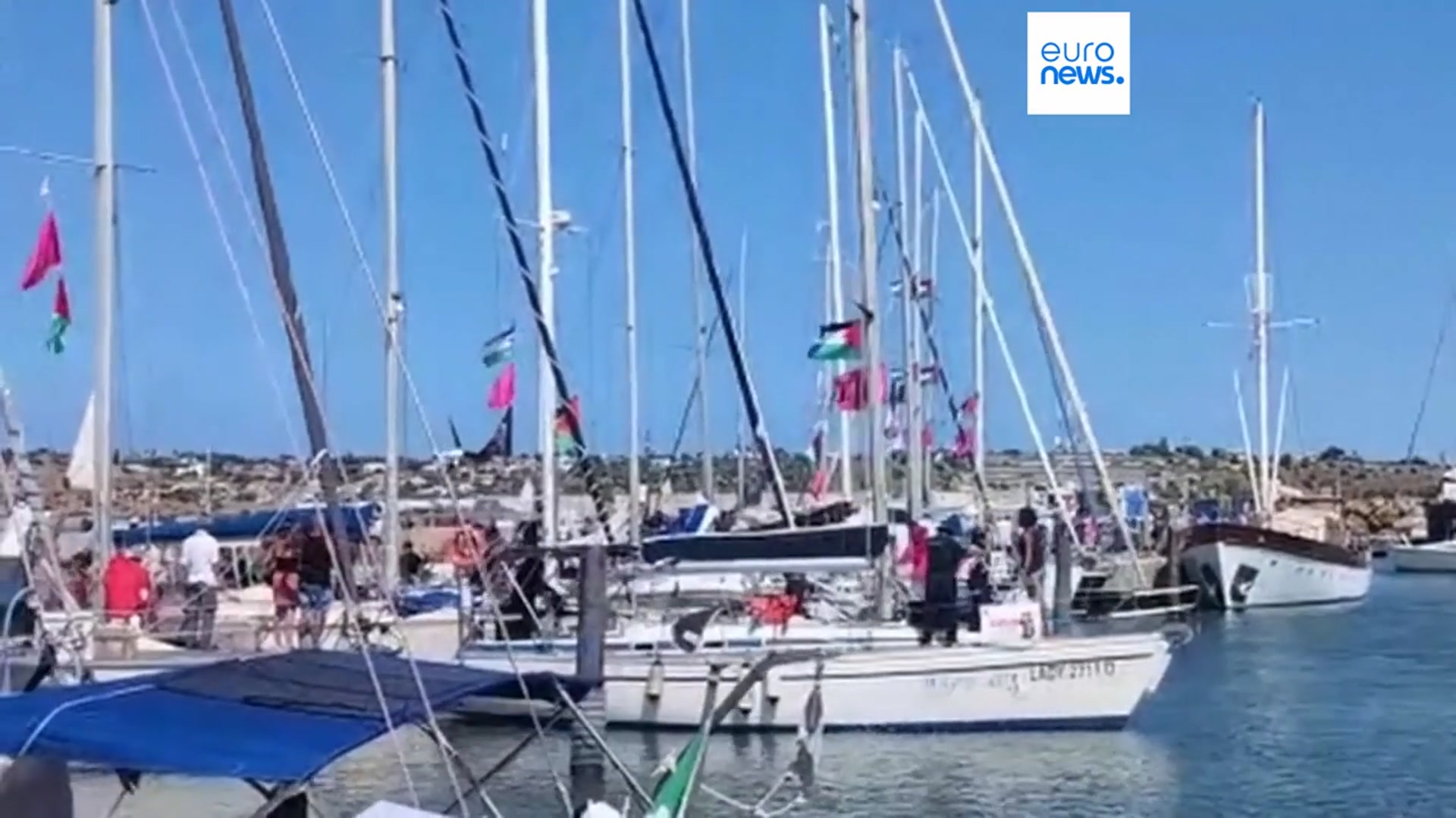 'Video thumbnail for Activists on board Gaza-bound aid flotilla say Israel intercepting vessels'