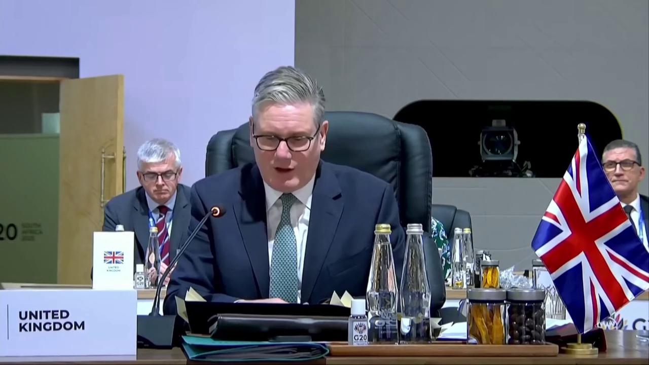 Video thumbnail for WATCH: Keir Starmer addresses world leaders at G20 summit in South Africa