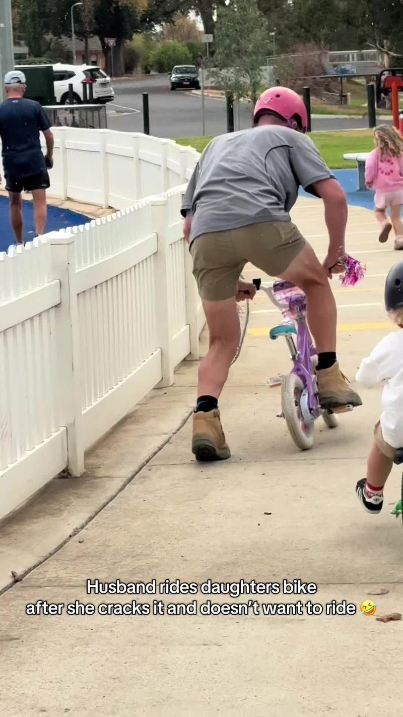 Video thumbnail for Dad Proves a Tiny Pink Bike Still Rides at the Park